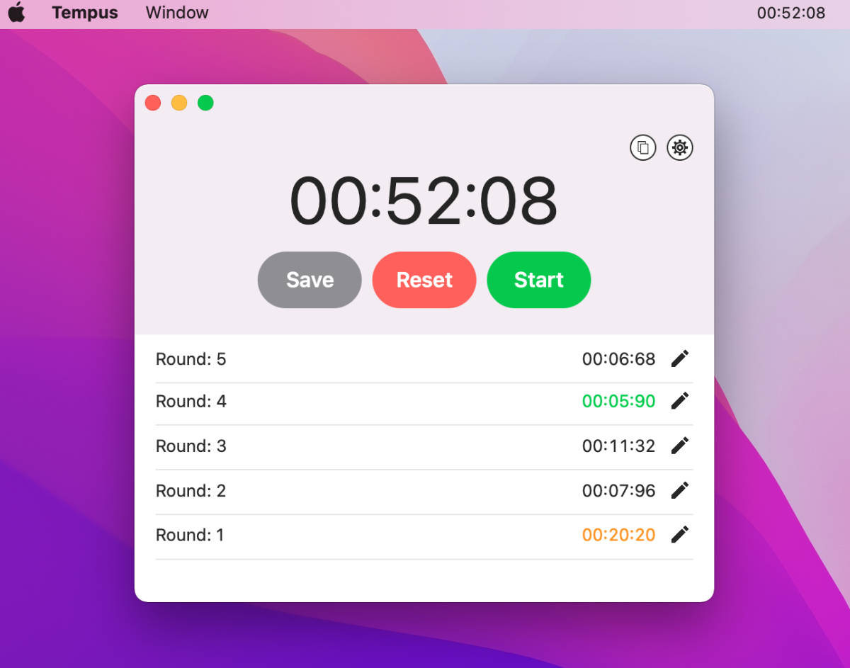 Stopwatch app for Mac showing laps and time in menu bar